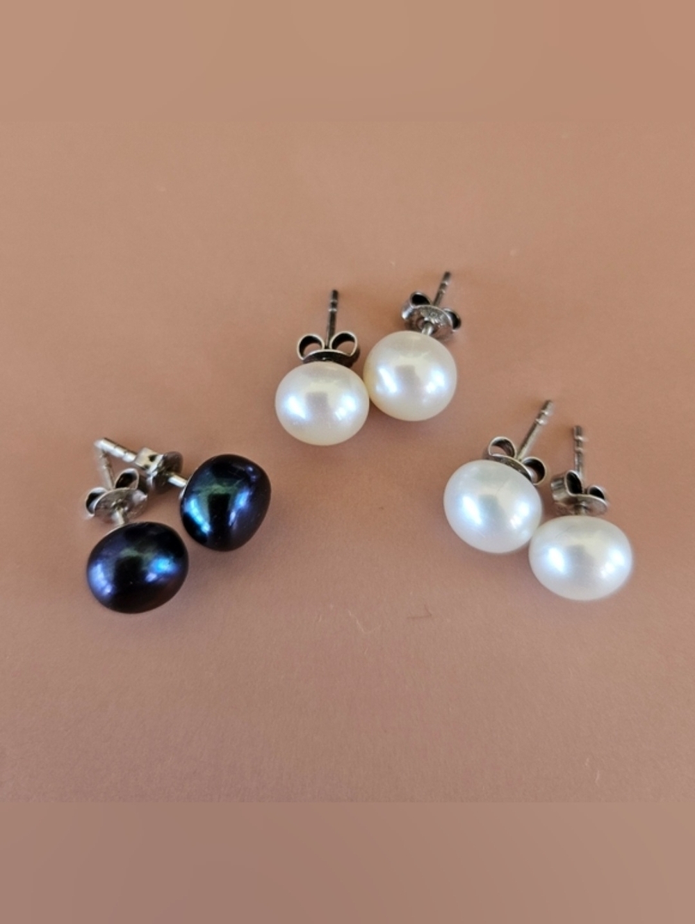 Cultured Pearl Stud Earrings Set Of 3 - Black, Cream and White In S.S setting.